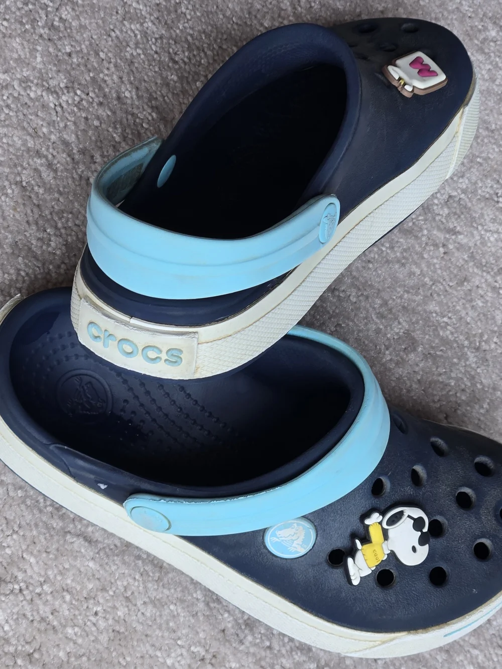 CROCS Kids Navy Clogs with Mint Green Strap and Cartoon Charms